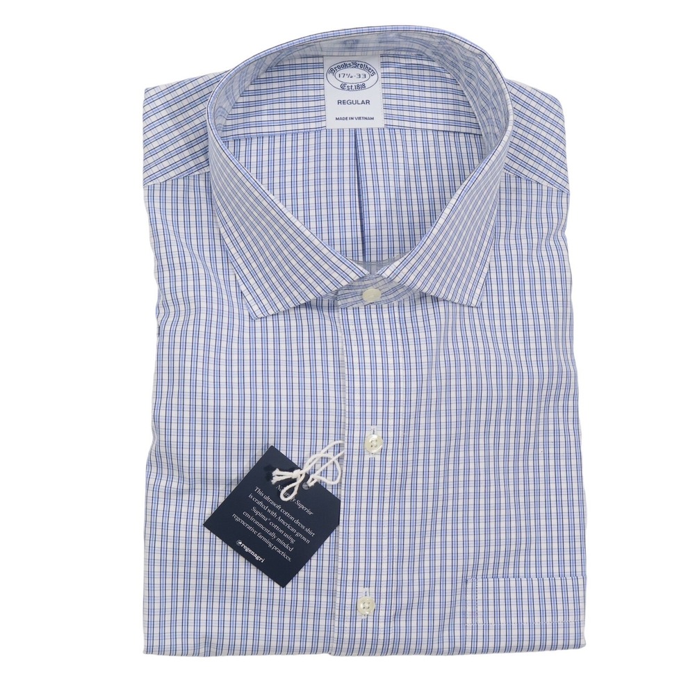 Brooks Brothers Dress Shirt Regular Fit 17.5  Blue Plaid Supima Cotton Business